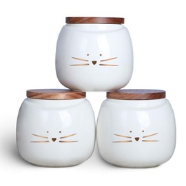 Koolkatkoo Ceramic Cat Canister Set Coffee Tea Sugar Food Storage with Bamboo Lid for the Kitchen Canister Round White Set of 3