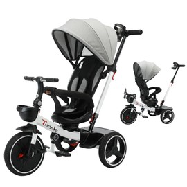 UBRAVOO Baby Tricycle,6-in-1 Baby Push Bike Steer Stroller,Learning Toddler Bike/Detachable Guardrail,Adjustable Canopy,Safety Harness,Folding Pedal,Storage Basket,Brake,Shock Absorption