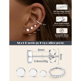 Chriscoco 4Pairs Sterling Silver Stud Earrings For Women Hypoallergenic Gold Studs Earring Sets For Multiple Piercings CZ Dot Flower Heart Earing Small Hoop Earrings Stack