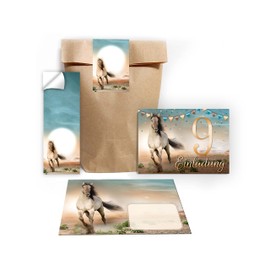 Junapack 12 Invitation Cards for 9th Children's Birthday Ninth Birthday Girl Horse Including 12 Envelopes, 12 Bags/Natural, 12 Stickers