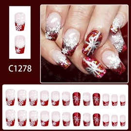 Christmas Press on Nails Medium Coffin Nails Press ons with Dark Red French Tip Design Glitter Snow Nails Glossy Full Cover Sliver Bow Glue on Nail Winter Xmas Holiday Fake Nail for Women 24Pcs