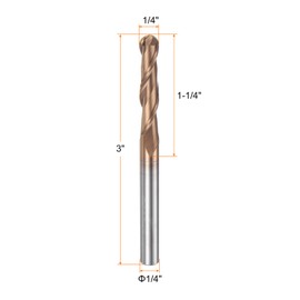 sourcing map Ball Nose End Mill 2 Flute 1/4" Diameter 1/4" Shank Tungsten Carbide Spiral CNC Router Bits 1-1/4" Cutting Length Single End Ball Cutting Tool for Carving Engraving Grinding