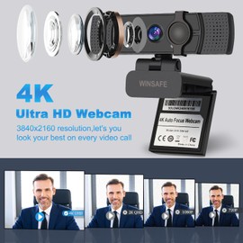 WINSAFE 4K Webcam for PC, UHD Video Calling, PDAF AutoFocus, Dual Noise-Canceling Microphones, 70° FOV, 1080P@60FPS, Privacy Cover, USB Plug&Play, Works with Teams, Zoom, OBS, Skype