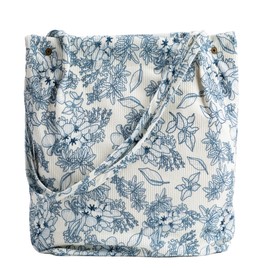 Corduroy Tote Bag Handbags for Women Shoulder Cord Purse with Inner Pocket Reusable Grocery Bags (Navy blue flower)