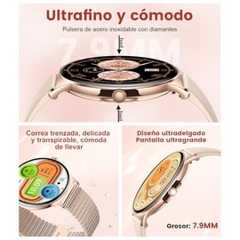 ESFOE Reloj Inteligente Mujer,1.43''AMOLED Smartwatch Mujer con Llamadas,Función Femenina/24H Pulsómetro/SpO2/Sueño/121+ Modo Deporte/IP68 Podómetro Calorías iOS Android,Oro Rosa Malla, Regalo