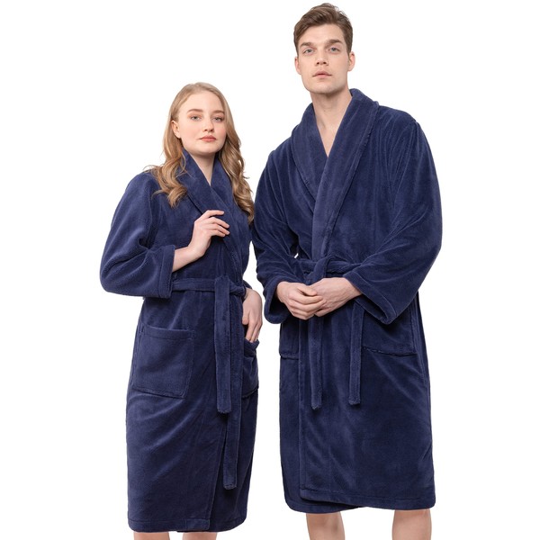 American Soft Linen Warm Fleece Robe, Mens and Womens Robe Fuzzy, 1 Piece Unisex Plush Adult Bathrobe for Bathroom, Navy L-XL