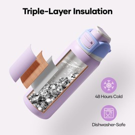 BUZIO 32 oz Insulated Water Bottle - Stainless Steel with Chug Cap, Leakproof Locking Lid, Carry Loop, Wide Mouth, Dishwasher Safe, Gym Sports Travel Work Outdoors, Gifts for Women & Men, Light Purple