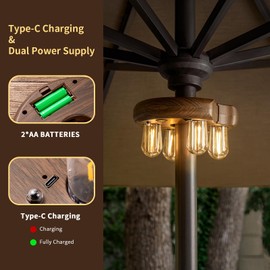 OPOIRA Dark Wood Grain Patio Umbrella Light with Remote Control, Rechargeable Cordless LED Edison Bulbs Pole Light with 10 Brightness Levels for Garden, Patio, Backyard, Camping or BBQ (2 Pack)