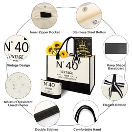 Amosking 40th Birthday Gifts for Women Canvas Shopping Bag Travel Gear, 40 Year Old Gifts for Wife Mom Friends, Vintage N°40 Handbag & Cosmetic Bag & Birthday Poster