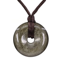 Keleny Natural Golden Obsidian Gemstones 30mm Circle Coin Peace Donut Pendant Adjustable Braided Brown Rope Necklaces