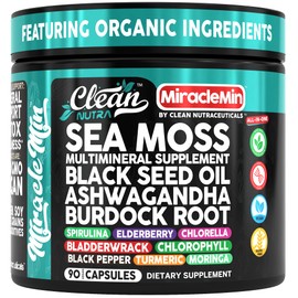 Clean Nutra Sea Moss Capsules with Ashwagandha, Black Seed Oil, Burdock Root, Bladderwrack, Moringa, Chlorella, Spirulina, Turmeric, Elderberry, Amla – 90 Vegan Capsules – MiracleMin
