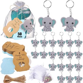 Set 50 Favores Baby Shower Llaveros Elefante, Souvenirs Baby Shower Niño Kit Completo Regalo Invitados con Etiquetas y Bolsas de Organza, Regalos para Detalles de Cumpleaños y Gender Reveal, Azul