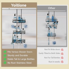 Yoillione Over Door Shower Caddy Hanging - No Drilling Shower Organizer Hanging 3 Wide Tier Adjustable Shower Storage Stainless Steel Rustproof for Razor Soap and Shampoo, Black