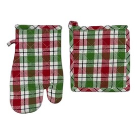 Winter Holiday Christmas Kitchen Pot Holder Set: Traditional Tartan Plaid Striped Design, 2 Pc Green Red White