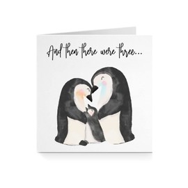 And Then There Were Three - New Baby Boy Girl Shower Watercolour Penguin Pregnancy Announcement - Congrats Congratulations Greeting Card A663