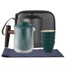 Travel Tea Set Glass Kung Fu Tea Pot Set 1 Teapot 4 Porcelain Teacups and Tea Infuser with Portable Bag for Travel Home Office