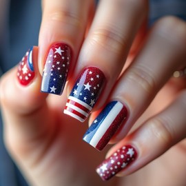 4th of July Five-pointed Star Press on Nails Short Square Independence Day Red and Blue Stripes Reusable Patriotic Glitter French fake Nails for Women Girls Memorial Day Manicure Decorations 24Pcs