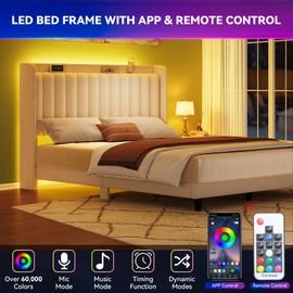 YITAHOME Queen Bed Frame with Adjustable Velvet Wingback Headboard 43.3"-47.4", Upholstered Platform Bed with LED Lights, Solid Wood Slat Support, No Box Spring Needed,Beige