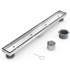 Sharpeye 28 Inch Linear Shower Drain with Tile Insert Grate, Brushed Nickel 304 Stainless Steel Rectangle Shower Floor Drain for Bathroom, CUPC Certified, with Hair Strainer, Leveling Feet