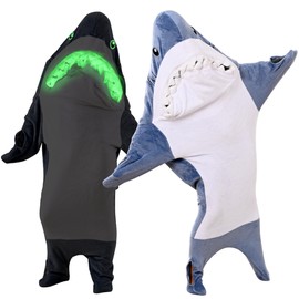 Glow in The Dark Shark Blanket for Adult, Shark Costume with Shiny Eyes and Teeth, Shark Onesie as Gift for Lover, Shark Hoodie for girls, Shark Sleeping Bag, M Size for 47-57 Inch Height