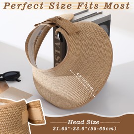 Sun Visors Hats for Women, Fashionable Straw Beach Hat with Wide Brim, Sun Hat UPF 50+ UV Protection, Roll-Up Ponytail Straw Summer Hat Foldable Travel, Khaki+Beige