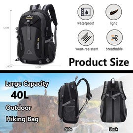 Hiking Backpack Men Women Waterproof Backpack Lightweight Large Travel Backpack Trekking Backpack Outdoor Backpack with Reflective Strips for Cycling, Climbing, Mountaineering and Travel, black