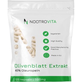 Olive Leaf Extract, 120 Capsules, 500 mg with 40% Oleuropein, High Dose Vegan Olive Leaf Extract, Allergen, Gluten Free Olive Leaf Extract, Made in ISO Certified Companies Nootrovita
