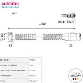 Schläfer 808390 Stainless Steel Shower Hose 120 cm with Double Anti-twist Protection Made in Germany Extremely Flexible, Twist-Proof, with Kink Protection Universal Connections G 1/2 Inch