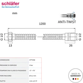 Schläfer 808390 Stainless Steel Shower Hose 120 cm with Double Anti-twist Protection Made in Germany Extremely Flexible, Twist-Proof, with Kink Protection Universal Connections G 1/2 Inch