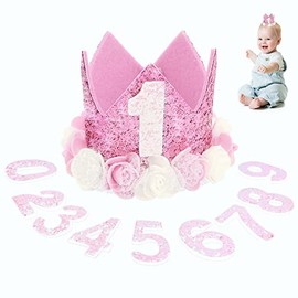 Birthday Crown Hats,Birthday Crown Girl,Happy Birthday Princess Crown Tiara with 0-9 Number Replacement Decoration, Crown Party Hats,First Birthday Decorations Girl,Party Hats(Pink)
