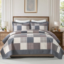DUOHONG 100% Cotton Quilts Queen Size, Queen Quilt Bedding Set Bedspread, Patchwork Plaid Quilt for Queen Bed, 3 Pieces Farmhouse Reversible Lightweight Comforter Bed Spread, Gray/Brown/Beige