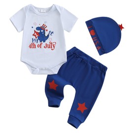 Tehgkeyd My 1st 4th of July Baby Boy Outfit Letter Print Short Sleeve Romper Pants Hat Set 3Pcs Independence Day Clothes (Blue, 3-6 Months)