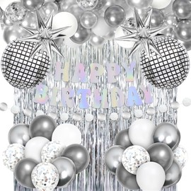 Disco Party Decorations Disco Groovy Themed Party Supplies for Women Bachelorette Silver White Disco Ball Balloons Iridescent Happy Birthday Banner Fringe Curtain for 60s 70s 80s Party Birthday Decor