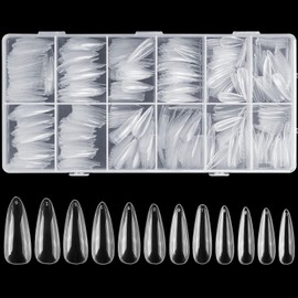 Pack of 600 Acrylic Artificial Nail Tips, Boxed, Water Drops, False Nails, Fake Fingernails, Nail Tips for Women, Nail Design, Nail Studios, 12 Sizes, Long Nails, Transparent