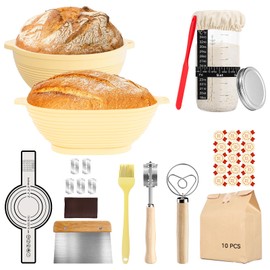 Sourdough Bread Proofing Basket Set, 9-inch Round Banneton Baskets with Dough Scraper, Scoring Lame, Brush, Bread Stencils