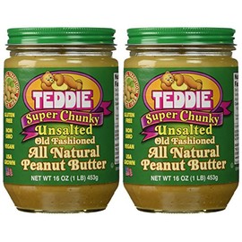 Teddie All Natural Peanut Butter, Super Chunky Unsalted 2pk, Gluten Free & Vegan, 16 Ounce (Super Chunky Unsalted, Pack of 2)