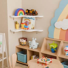 Ecowillon Cute Cloud Corner Shelves - Set of 2 White Wooden Floating Corner Shelves Wall Mounted, 90-Degree Space-Saving Nursery Shelves with Brackets, Kids Room Decor for Bedroom,Living Room,Bathroom