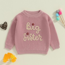 Kid Girl Letter Flower Embroidery Knit Sweater Casual Fall Winter Pullover Tops Long Sleeve Round Neck Jumper (A-Rose Pink, 2-3 Years)