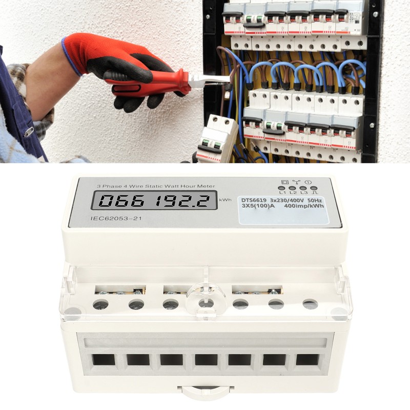 Electric 3 Phase 4 Wire Energy Meter Guide Rail LCD