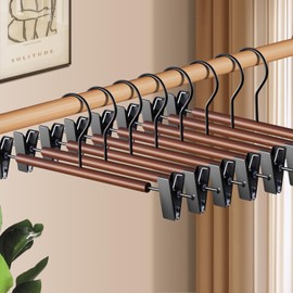 HWAJAN Wooden Pants Hangers with Clips 10 Pack Adjustable Wood Skirt Hangers for Women&Men Space Saving Closet Non Slip Clothes Hanger for Jeans,Trousers,Short,12Inch Brown