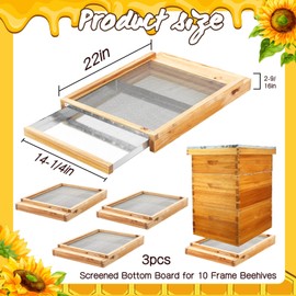 DoubleFill 3 Pcs 10 Frame Beehive Metal Screened Bottom Board Dipped in Beeswax with Entrance Reducer Beeswax Wood Screened Bottom Board for Beekeeping Supplies