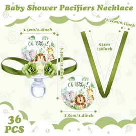 Quelay 36 Pcs Baby Shower Pacifier Necklace Cute Jungle Animal Acrylic Baby Pacifiers with Delicate Flowers for Baby Shower Decoration Table Distribution Party Favors (Jungle Animal)
