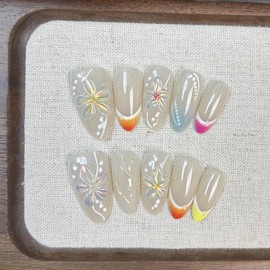 YIHONGYAN Press on Nails Almond Short Spring Fake Nails Press ons Nails French Tips Artificial Acrylic Nail Kit Full Cover False Nails with 3D Relief Flowers Design Stick on Nails Women 30Pcs