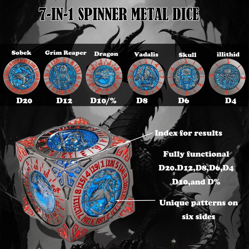 DND Rotary Metal Dice 3D Handheld 7-in-1 Polyhedral Role Playing