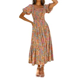 ZESICA Women's 2025 Summer Boho Floral Print Square Neck Ruffle Swing Beach Long Maxi Dress,GreyGreen,X-Large