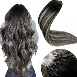 LaaVoo Micro Hair Extensions Human Hair Ombre Silver Micro Link Hair Extensions Long Hair 24 Inch Micro Beads Hair Extensions Black Fading to Silver Mix Black 50g/s