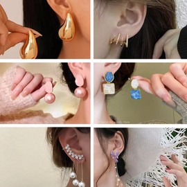 Jewelry Fashion Statement Earrings Set, 6 Pairs, Gold Plated Crystal Pearl Drop, Butterfly Ear Cuff Collection, Medium, Crystal Pearl Metal, Cubic Zirconia