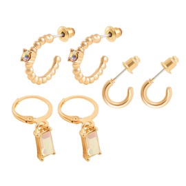 Fashionable and Minimalist Set of 3 Pairs of Gold Earrings with Water Crystals for Women - Gift for Friends, Girlfriend, and Mother