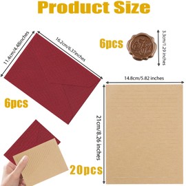 Pack of 32 Vintage Writing Paper, Set with 6 Linen Envelope Envelopes and Wax Seals, 20 A5 Letter Paper, Vintage Paper, Kraft Paper Envelopes, for Birthday, Wedding Invitation, Greeting Cards