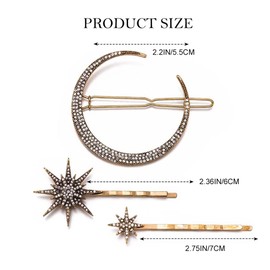 Pack of 3 Rhinestone Moon Hair Pins, Star Rhinestone Hair Pin Clips, Hair Clips, Headpiece, Glitter Rhinestone Hair Clips, Bridal Wedding Hair Pins, Hair Accessories for Women and Girls (Vintage)
